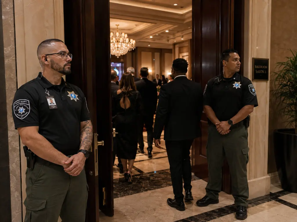 GPI officer providing access control and professional presence at ballroom venue entrance in Sacramento