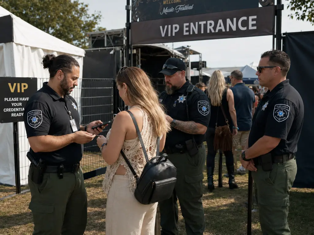 GPI officer managing VIP entrance access control and guest list verification at indoor event in Sacramento