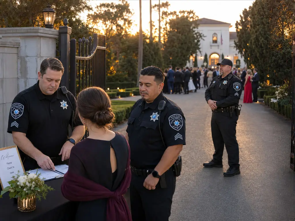 GPI officer managing guest check-in and credential verification at indoor event entrance in Sacramento