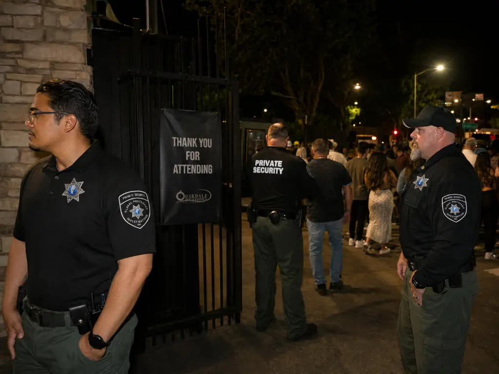 GPI officer standing post at event entry point with directional signage and guest flow management in Sacramento