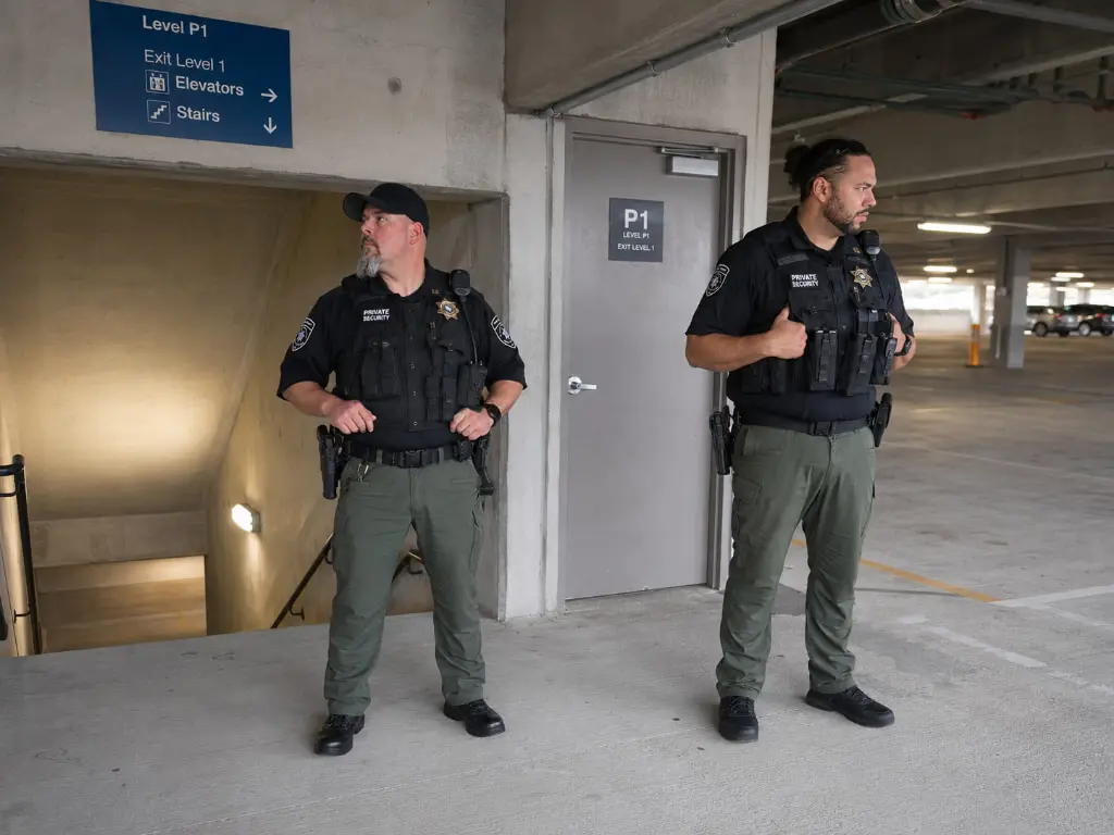 Two GPI armed security officers standing post at a parking structure stairwell entrance in Sacramento