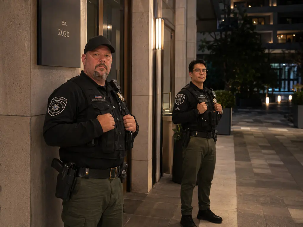 Two armed GPI security officers at a building entrance at night in Sacramento