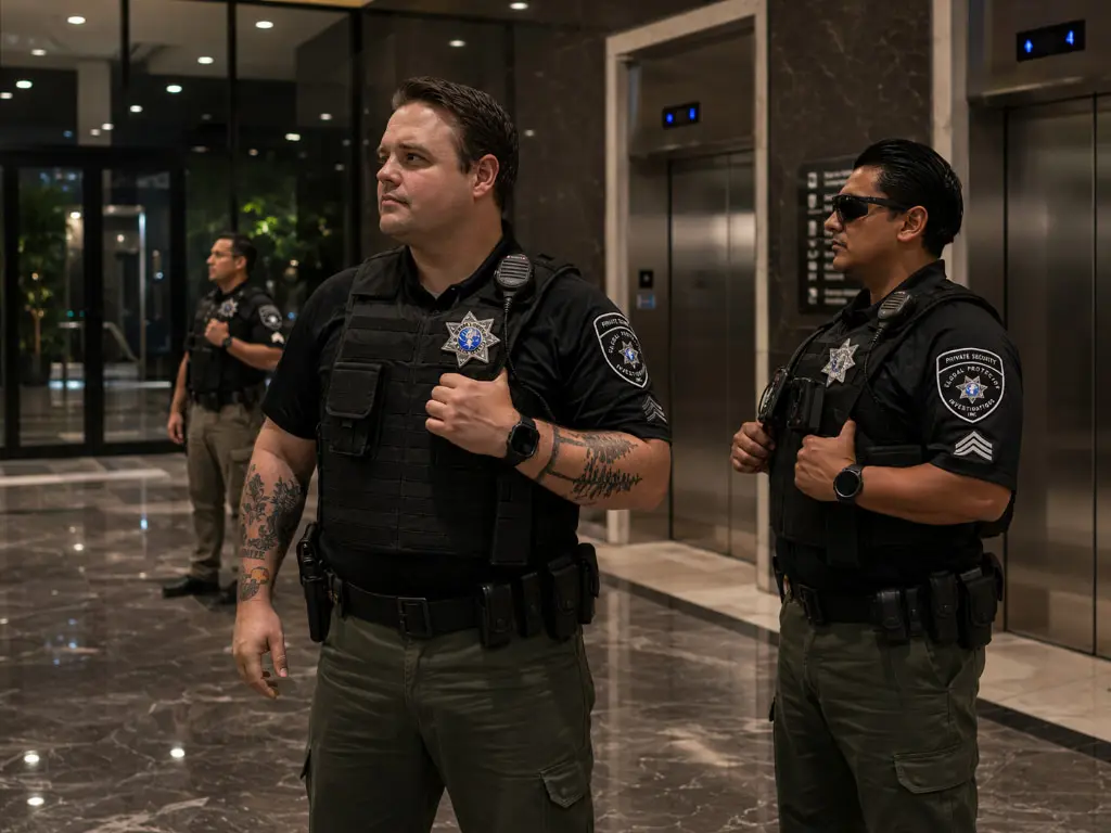 Unarmed GPI security officer at a business entrance